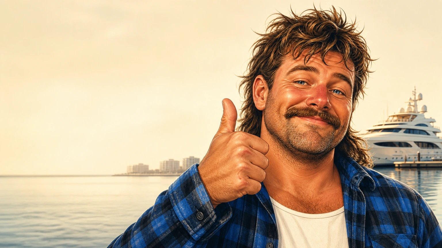 Johnno in his blue flanno giving a thumbs-up with a superyacht at the marina